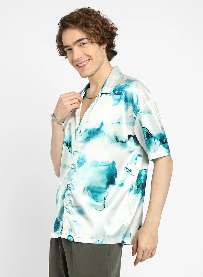 Campus Sutra Men's Indigo Blue & Ivory White Blob Oversized Shirt