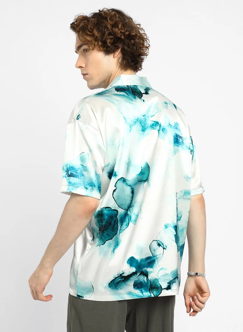 Campus Sutra Men's Indigo Blue & Ivory White Blob Oversized Shirt