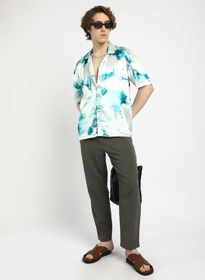 Campus Sutra Men's Indigo Blue & Ivory White Blob Oversized Shirt