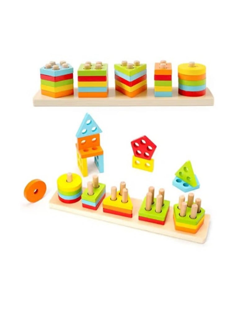 Funny Montessori toys for children aged 1, 2 and 3 years, wooden sorting and stacking toys for children aged 1-3, preschool educational puzzle, 5 shapes toy, best gift. - Image 1