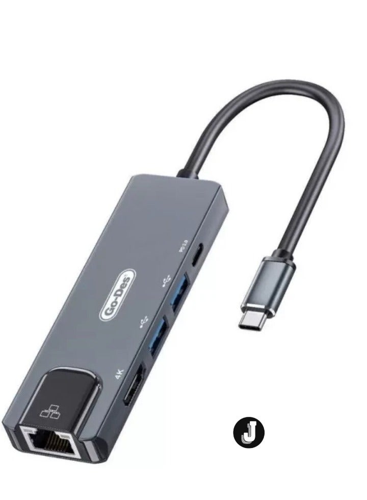 JAJEEK 5-in-1 Type-C to HDTV Converter Adapter – 4K HDMI, Ethernet, USB Ports, PD Charging for Laptops & MacBooks - Image 1