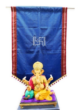 PUNYATVA PUNYATVA Backdrop Curtain for Ganpati Festival Decoration Khan Swastik Design Machine Embroidery Dark Blue Eco Friendly Ganesha Decoration CurtainDecorative Backdrop Cloth for Puja  - Image 4