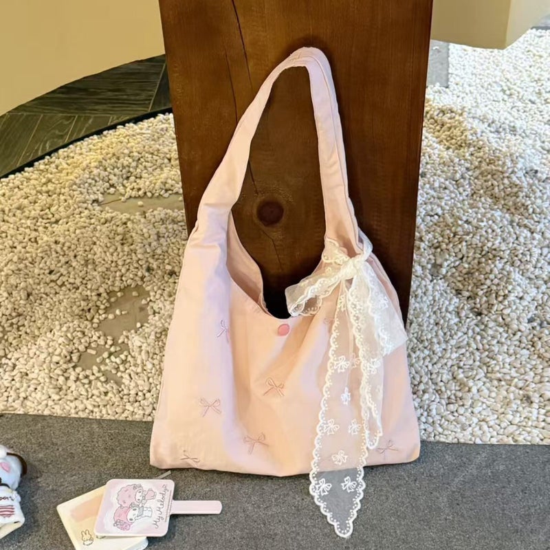 Korean Style Embroidered Bow Canvas Shopper Tote Bag, Large Capacity, Shoulder Bag - Image 4