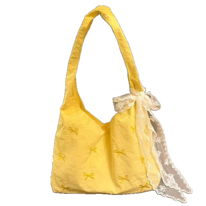 Korean Style Embroidered Bow Canvas Shopper Tote Bag, Large Capacity, Shoulder Bag - Image 5