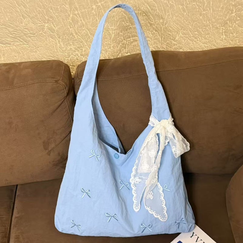 Korean Style Embroidered Bow Canvas Shopper Tote Bag, Large Capacity, Shoulder Bag - Image 3