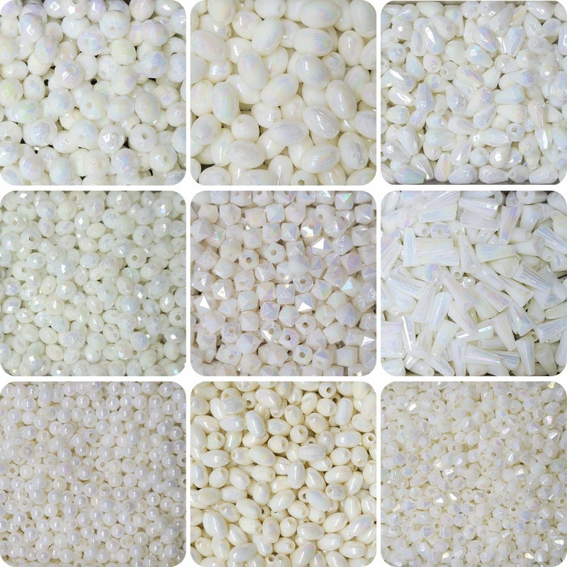 INDIKONB White Beads for Jewellery Making | Rainbow Shiny Plastic Acrylic Beads for Craft | Fancy Shape Bead Combo Set for Bracelet & Jewelry Design - Image 5
