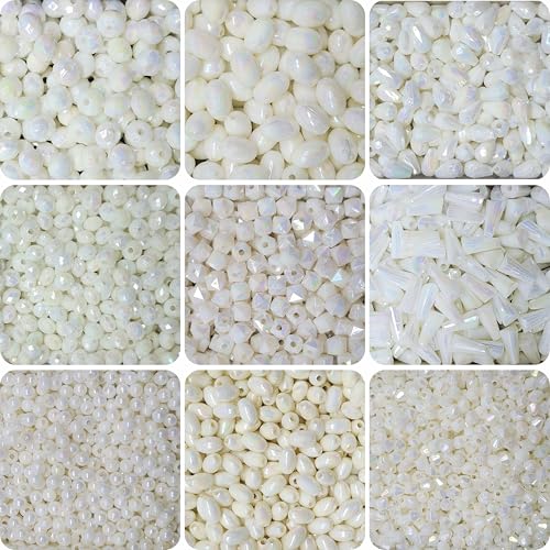 INDIKONB White Beads for Jewellery Making | Rainbow Shiny Plastic Acrylic Beads for Craft | Fancy Shape Bead Combo Set for Bracelet & Jewelry Design - Image 1