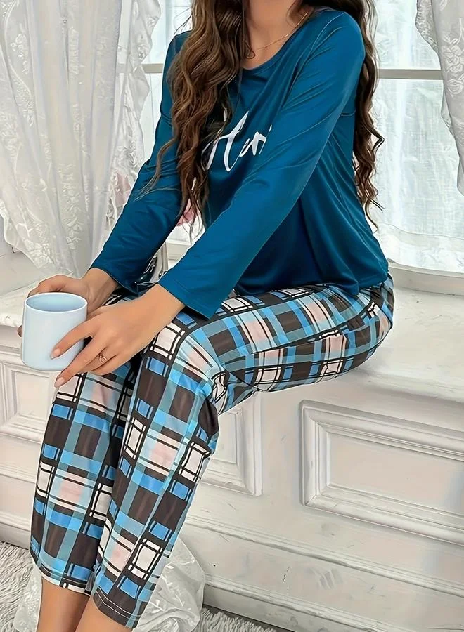 Take Two Blue Take Two Slogan Text Detail T-Shirt and Check Pyjama Set for Women | Best Price UAE