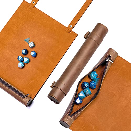Cusdie 2 in 1 Dice Rolling Mat & Zippered Dice Holder Dice Tray- Compatible with DND Polyhedral Dice (Brown) - Image 1