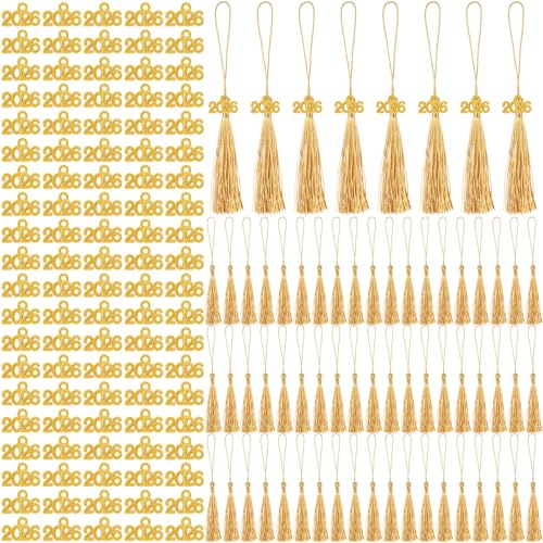 Cindeer 100 Pcs Mini Graduation Tassels with 100 Pcs 2026 Tassel Charms for Crafts Mini Silky Bookmark for Graduation Cap Keychain Ornaments DIY Craft Jewelry Making Project(Gold) - Image 1