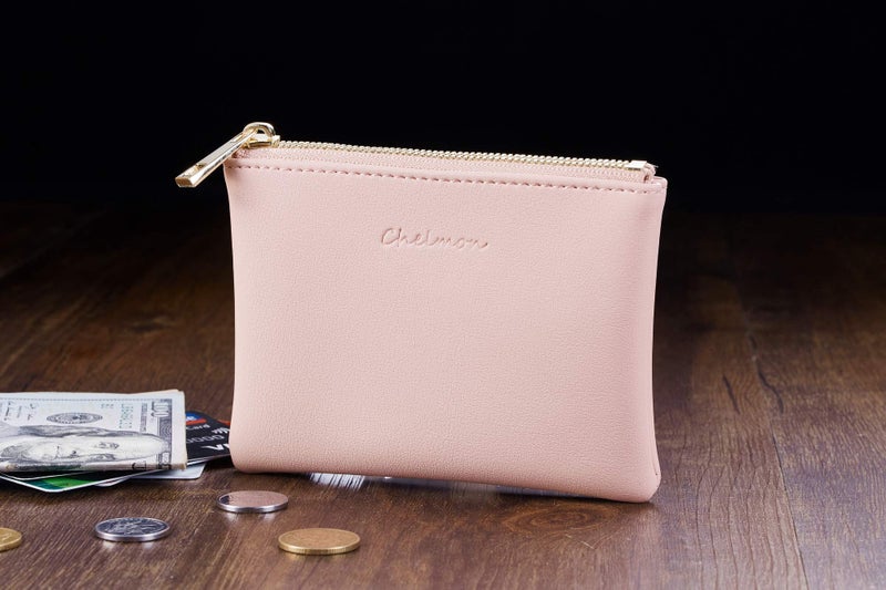 Chelmon Vegan Leather Coin Purse Pouch Change Purse With Zipper For Men Women (Pink Lotus) - Image 5