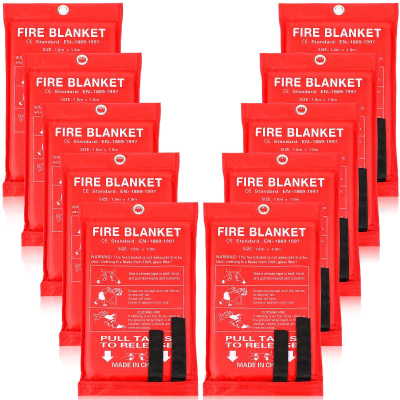 Macarrie 10 Pack 39 x 39 Fire Blanket Emergency for Home Kitchen Safety Suppression Blanket Fiberglass Fireproof Survival for Car Office Red