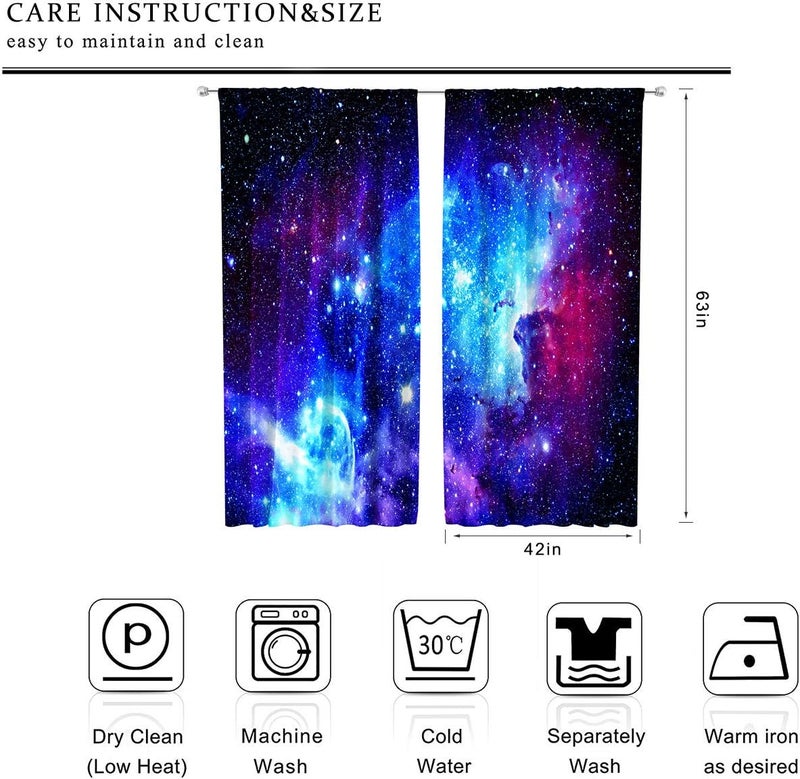 Riyidecor Galaxy Outer Space Nebula Curtains 2 Panels 42 x 63 Inch Blue Rod Pocket Universe Planets Boys Fantasy Starry Black Art Printed Living Room Bedroom Window Drapes Treatment Fabric WWCLLE - Image 4