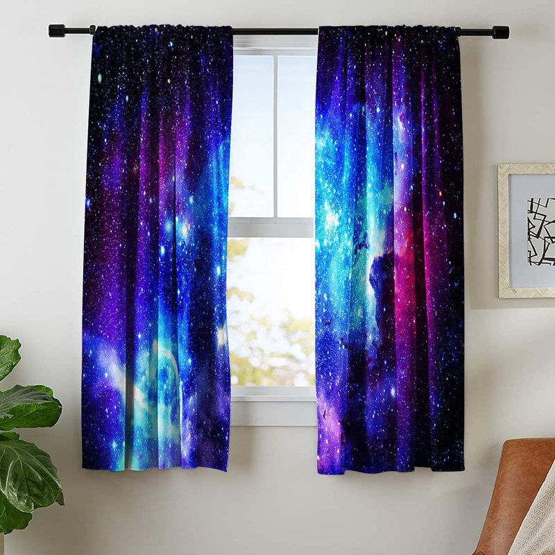 Riyidecor Galaxy Outer Space Nebula Curtains 2 Panels 42 x 63 Inch Blue Rod Pocket Universe Planets Boys Fantasy Starry Black Art Printed Living Room Bedroom Window Drapes Treatment Fabric WWCLLE - Image 2