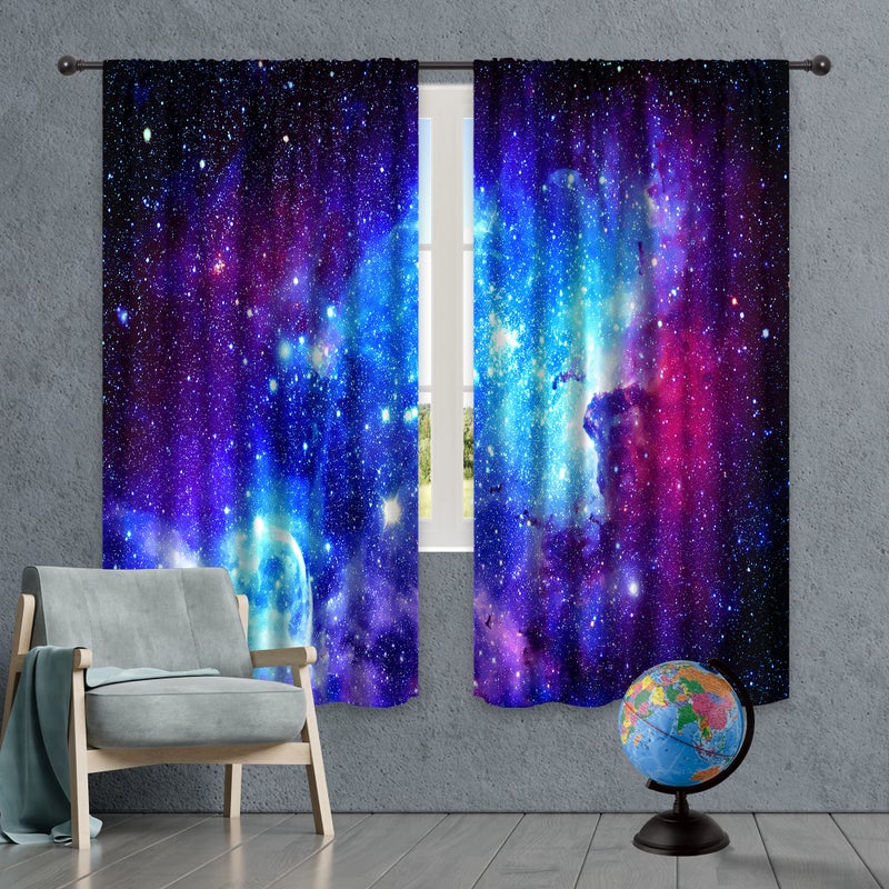 Riyidecor Galaxy Outer Space Nebula Curtains 2 Panels 42 x 63 Inch Blue Rod Pocket Universe Planets Boys Fantasy Starry Black Art Printed Living Room Bedroom Window Drapes Treatment Fabric WWCLLE - Image 1
