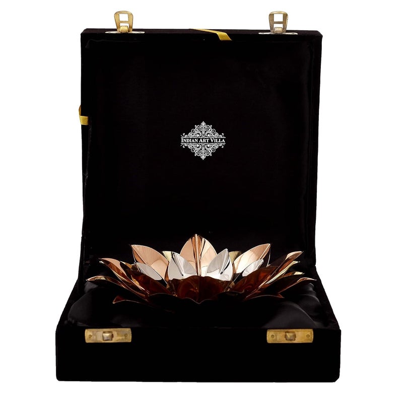 INDIAN ART VILLA Indian Art Villa Pure Copper Lotus Design Tea Light Candle DiyaDeepak with Black Velvet Gift Box ColourGold Silver Brown Width8 Inches  - Image 2