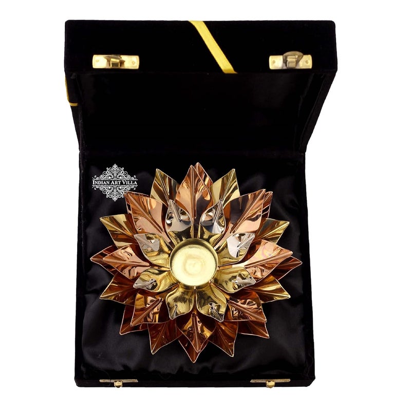 INDIAN ART VILLA Indian Art Villa Pure Copper Lotus Design Tea Light Candle DiyaDeepak with Black Velvet Gift Box ColourGold Silver Brown Width8 Inches  - Image 1