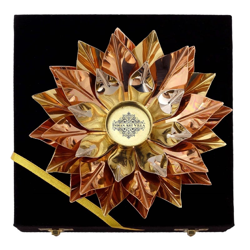 INDIAN ART VILLA Indian Art Villa Pure Copper Lotus Design Tea Light Candle DiyaDeepak with Black Velvet Gift Box ColourGold Silver Brown Width8 Inches  - Image 3