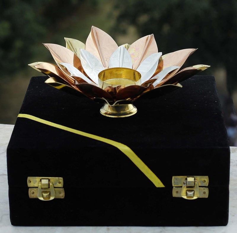 INDIAN ART VILLA Indian Art Villa Pure Copper Lotus Design Tea Light Candle DiyaDeepak with Black Velvet Gift Box ColourGold Silver Brown Width8 Inches  - Image 5