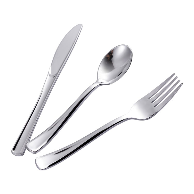 N9R 500PCS Silver Plastic Cutlery Set - 200 Forks  150 Knives  150 Spoons - Disposable  Premium  Sturdy - Silver  Plastic - Perfect for Gathering  Weddings  Parties - Image 1