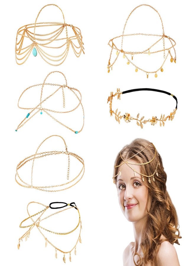 MTLEE 6 Pcs Gold Head Chain Jewelry Boho Bridal Headpiece Turquoise Tassel Headbands Boho Hair Accessories for Women Girls - Image 1