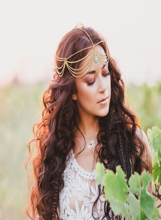MTLEE 6 Pcs Gold Head Chain Jewelry Boho Bridal Headpiece Turquoise Tassel Headbands Boho Hair Accessories for Women Girls - Image 2
