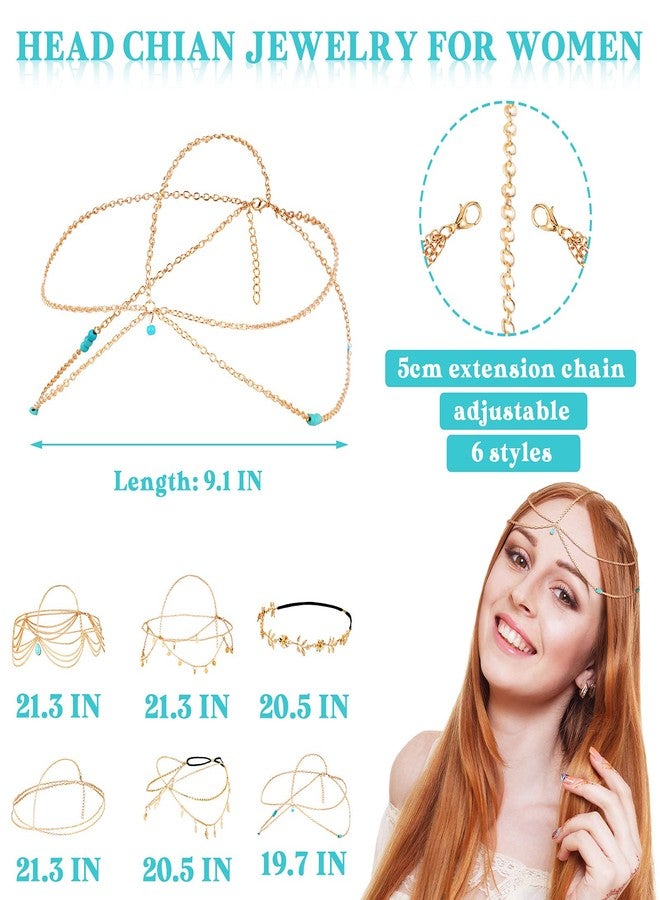 MTLEE 6 Pcs Gold Head Chain Jewelry Boho Bridal Headpiece Turquoise Tassel Headbands Boho Hair Accessories for Women Girls - Image 3