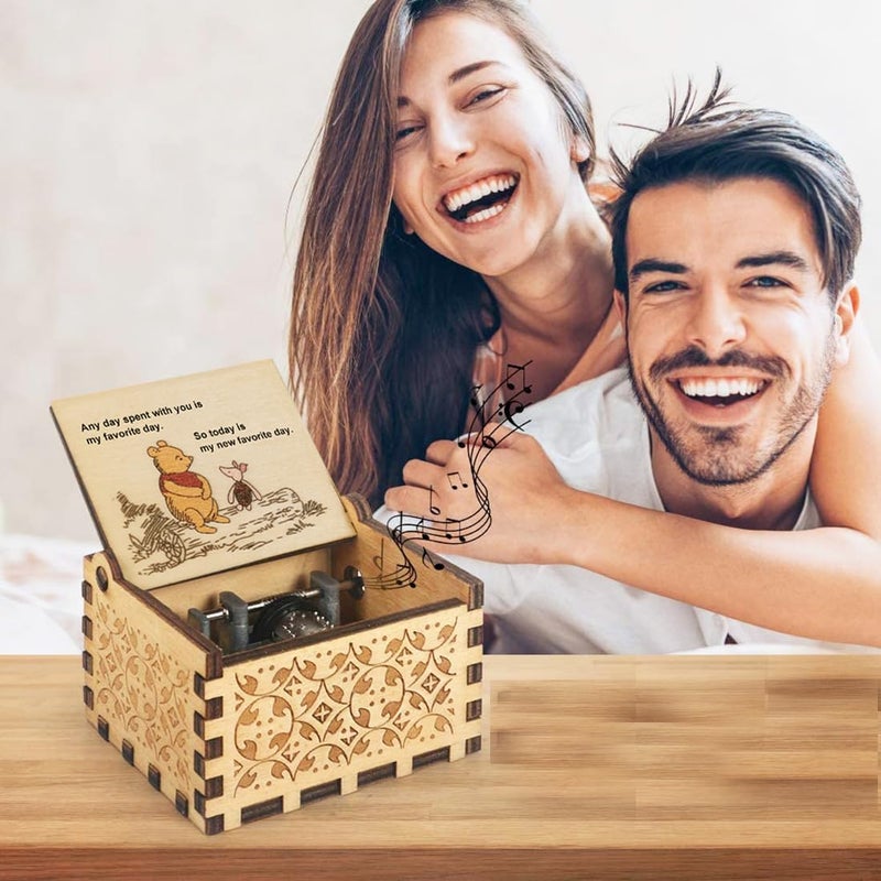 Muzero Pooh Music Box Gift for Wife Girlfriend Couples, Christams Xmas Present Anniversary Mother Day Birthday Women Gifts Hand Crand Wooden Musical Box Play You are My Sunshine - Image 4