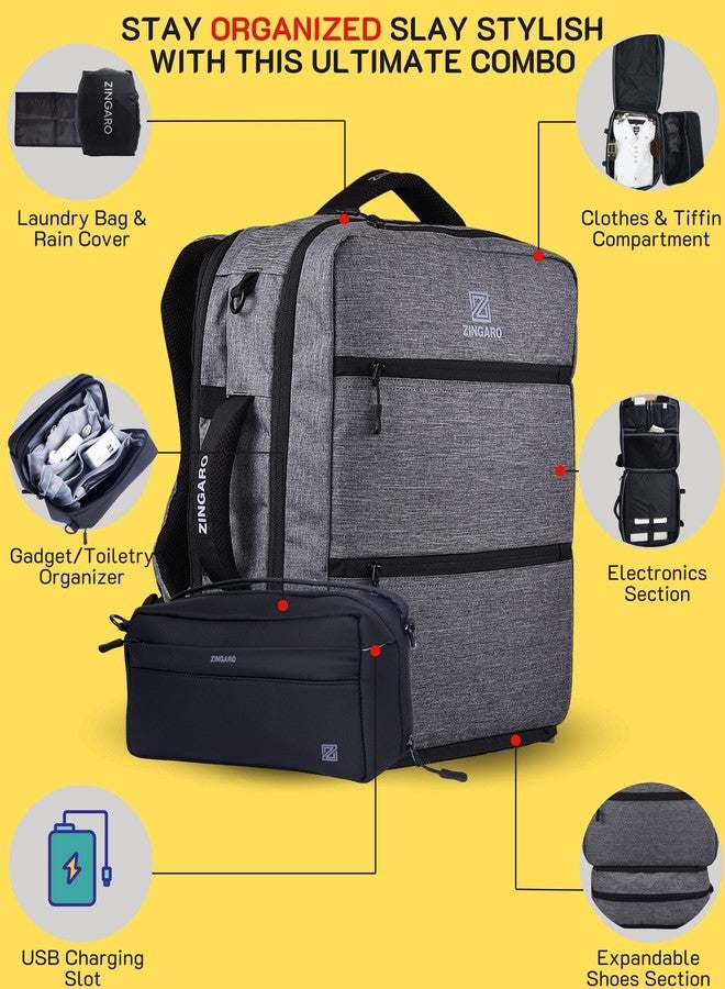 Zingaro Combo Large 40l Travel Lapotp Bag For Men Women Laptop Backpack For Men Women Tech Organizer Pouch (Grey) - Image 2