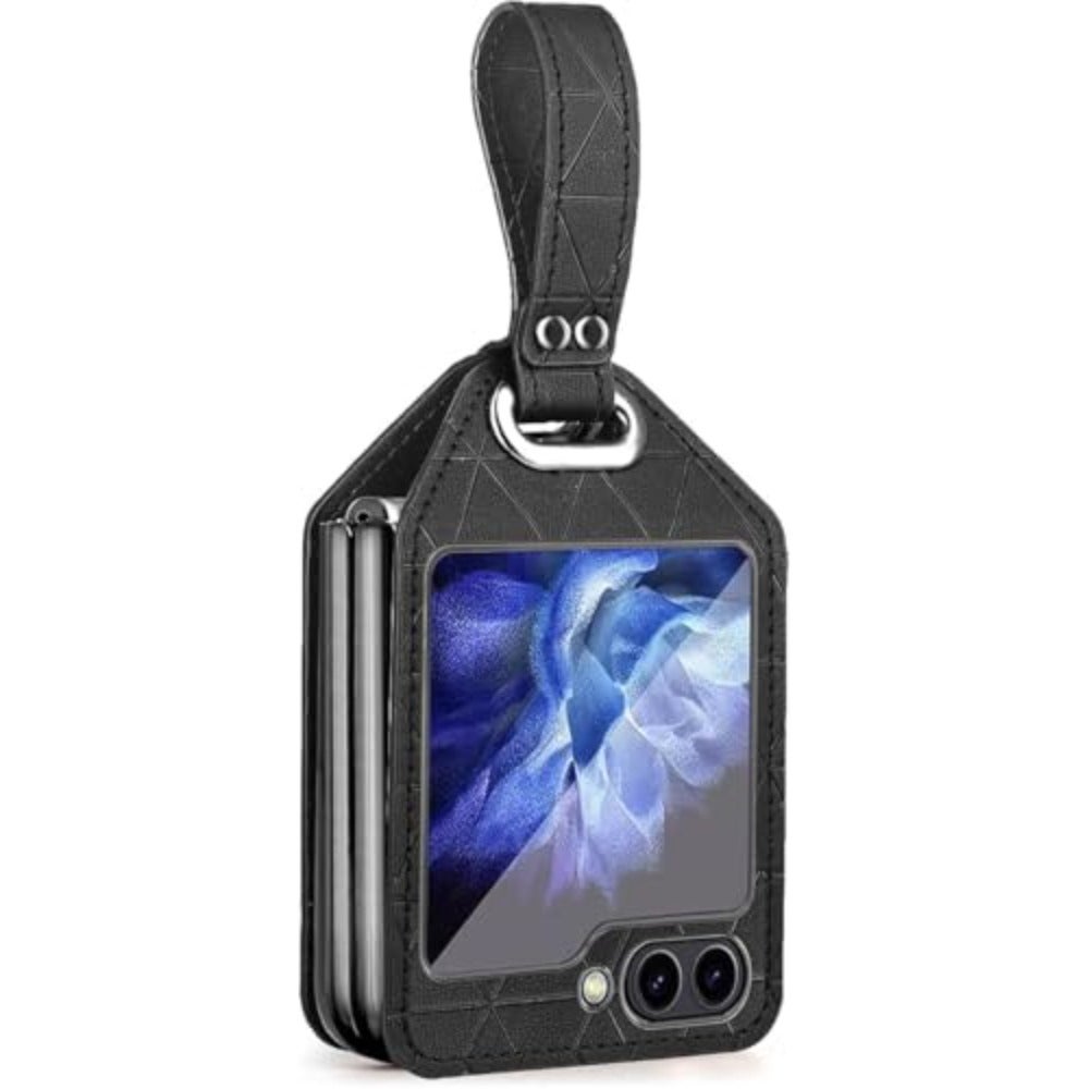 Smart Phone Flip Case Compatible with Samsung Galaxy Z Flip 5 5G Leather Case with Hand Strap Holder Stand, Ultra Thin Matte Hard PC Shockproof Protective Bumper Case Cover