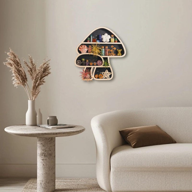 FNYDOX Cute Mushroom Decor, Wooden Floating Mushroom Shelf for Wall, Crystal Display Shelf Rock Gem Stone Display Shelf Wall Mounted - Image 5