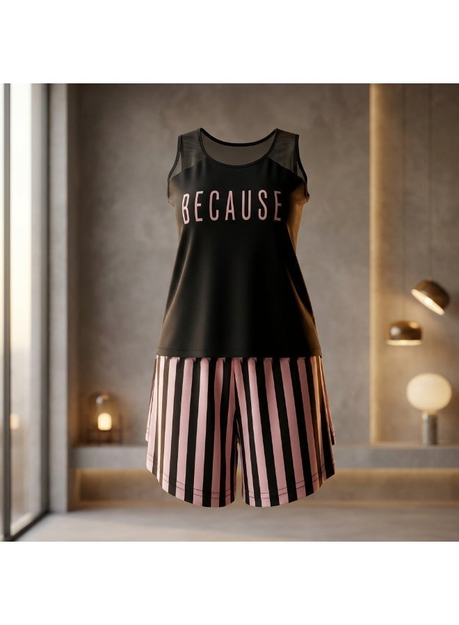 LADY Plus Size Striped Shorts Pyjama Set – Women's Sleepwear with Transparent Detail Top - Image 2