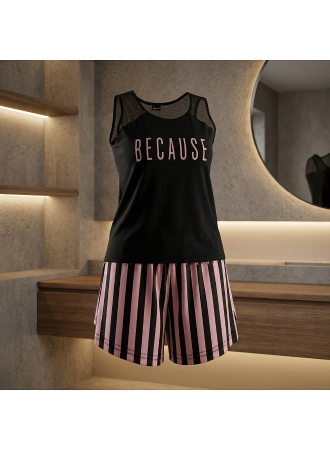 LADY Plus Size Striped Shorts Pyjama Set – Women's Sleepwear with Transparent Detail Top - Image 3