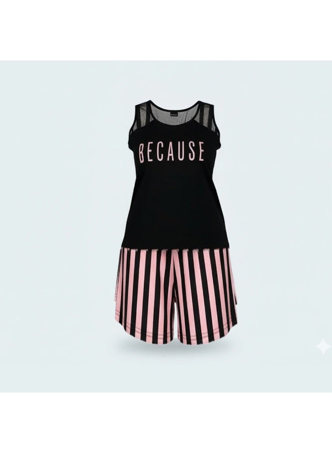 LADY Plus Size Striped Shorts Pyjama Set – Women's Sleepwear with Transparent Detail Top - Image 5