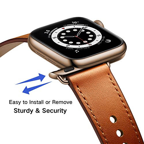 OUHENG Leather Bands Compatible with Apple Watch Band 42mm41mm40mm38mm Genuine Leather Replacement Strap for iWatch SE3 SE2 SE Series 11 10 9 8 7 6 5 4 3 2 1 BrownBronze Gold - Image 3