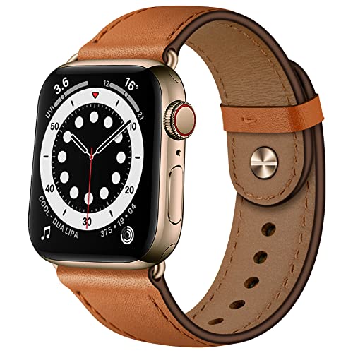 OUHENG Leather Bands Compatible with Apple Watch Band 42mm41mm40mm38mm Genuine Leather Replacement Strap for iWatch SE3 SE2 SE Series 11 10 9 8 7 6 5 4 3 2 1 BrownBronze Gold - Image 1