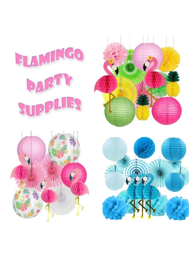 Mordely 13PCS Flamingo Party Supplies,Party Decorations,Flamingo Pineapple Honeycomb Ball Paper Folding Lanterns Paper Fans,Poms Flowers for Birthday Wedding Photo Backdrop Bachelorette Party-Style A  - Image 2