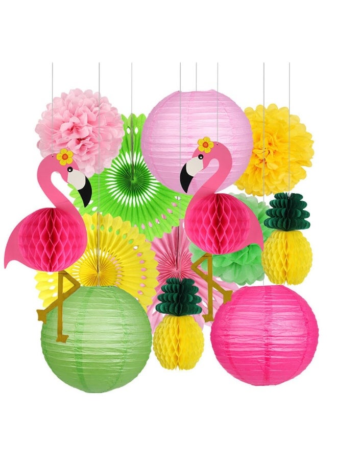 Mordely 13PCS Flamingo Party Supplies,Party Decorations,Flamingo Pineapple Honeycomb Ball Paper Folding Lanterns Paper Fans,Poms Flowers for Birthday Wedding Photo Backdrop Bachelorette Party-Style A  - Image 1