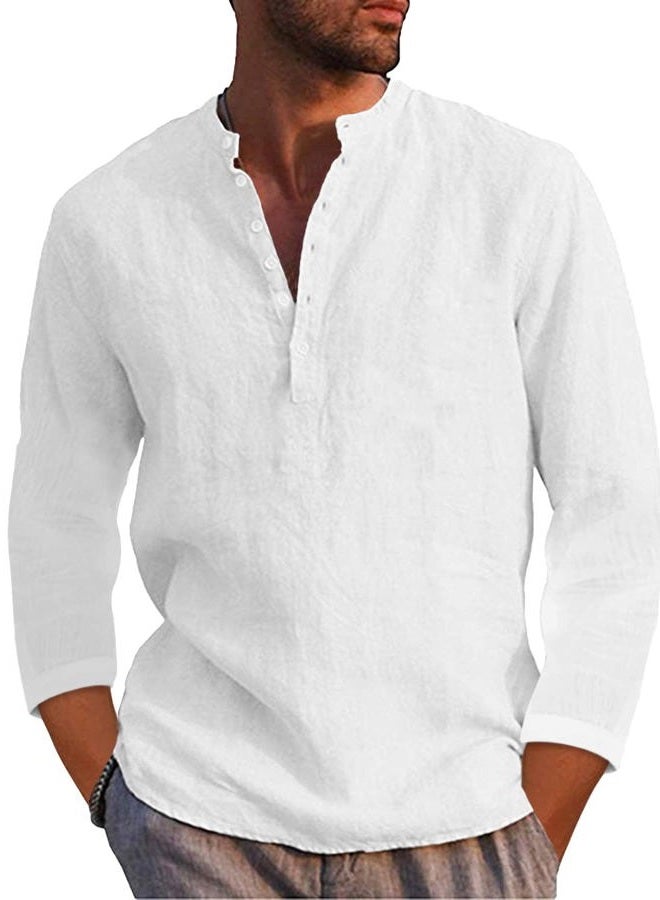 Karlywindow Mens Linen Henley Shirts Long Sleeve Hippie Yoga Summer Beach Casual Henleys T-Shirt, 01 White, XXL - Image 1