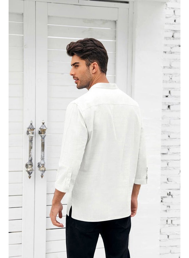 Karlywindow Mens Linen Henley Shirts Long Sleeve Hippie Yoga Summer Beach Casual Henleys T-Shirt, 01 White, XXL - Image 4