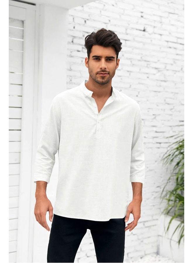 Karlywindow Mens Linen Henley Shirts Long Sleeve Hippie Yoga Summer Beach Casual Henleys T-Shirt, 01 White, XXL - Image 2