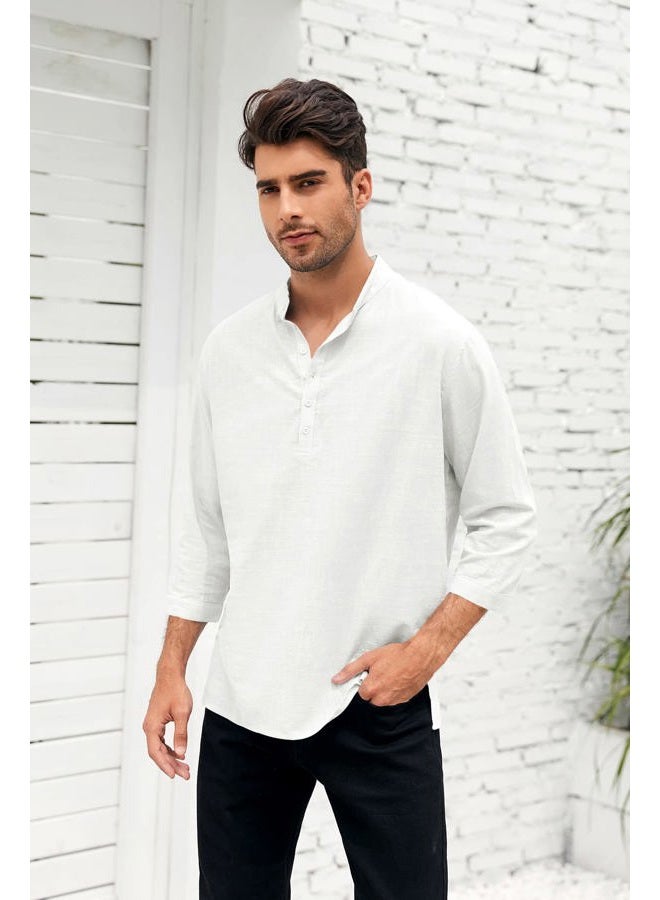 Karlywindow Mens Linen Henley Shirts Long Sleeve Hippie Yoga Summer Beach Casual Henleys T-Shirt, 01 White, XXL - Image 3