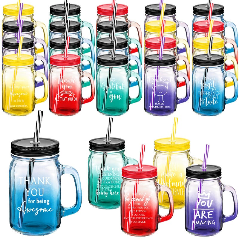 Meanplan 20 Pcs Employee Appreciation Gift Bulk 16 oz Thank You Glass Cup with Handles Lids and Straws Mason Jar Mugs for Volunteer Teacher Nurse Housekeeping Week Gift Multicolor