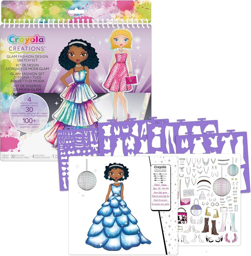 CRAYOLA Creations Glam Fashion Set, Create Your Own Fashion Collection, Drawing Set with Stencils and Stickers, Creative Activity for Girls, from 8 Years - Image 1