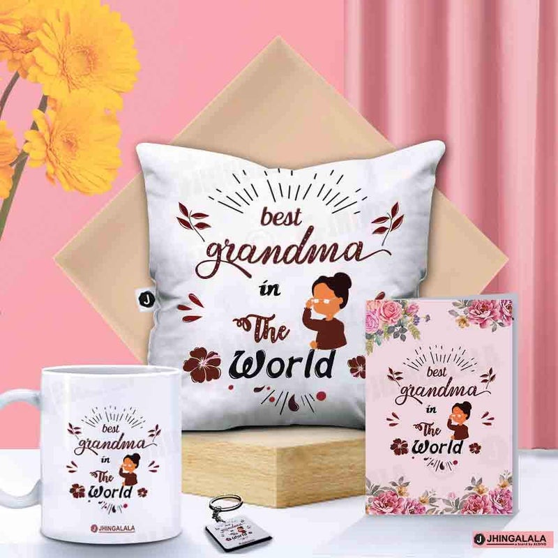 Jhingalala Jhingalala Gift for Grandmother Best Grandma in The World Printed Cushion Filler Mug Key Chain Greeting Card Combo Gifts for Grandmother Grandma on Birthday Grandparents Day - Image 1