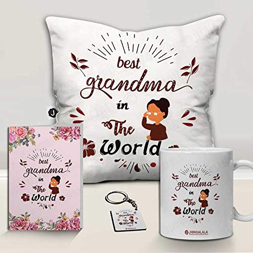 Jhingalala Jhingalala Gift for Grandmother Best Grandma in The World Printed Cushion Filler Mug Key Chain Greeting Card Combo Gifts for Grandmother Grandma on Birthday Grandparents Day - Image 2