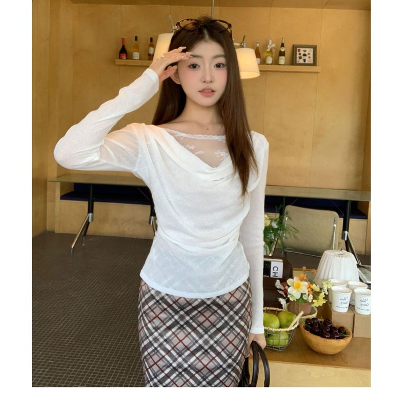 Women's Off-Shoulder Lace Spliced Asymmetrical Long Sleeve Slim Fit Blouse - Image 5