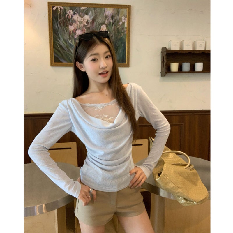 Women's Off-Shoulder Lace Spliced Asymmetrical Long Sleeve Slim Fit Blouse - Image 1