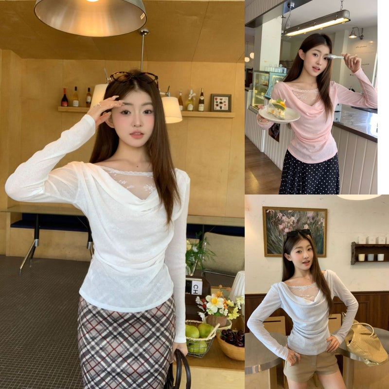 Women's Off-Shoulder Lace Spliced Asymmetrical Long Sleeve Slim Fit Blouse - Image 3