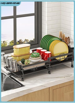 HQ-GAMING Extendable Dish Drying Rack with Drainboard Set, Multifunctional Dish Rack for Kitchen Counter, Anti-Rust Drying Dish Rack with Cutlery & Cup Holders, Black  - Image 1